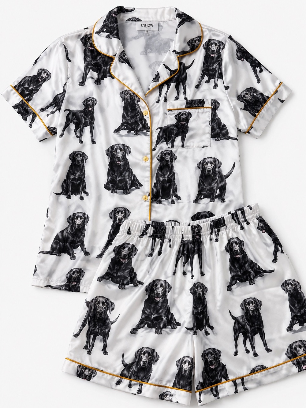 NWT SHESHOW Satin Black Labrador Dog Print Pajama Set Short Sleeve Button Front